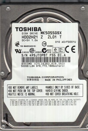 MK5055GSX, A0/FG001U, HDD2H21 Z ZL01 T, Toshiba 500GB SATA 2.5 Hard Drive